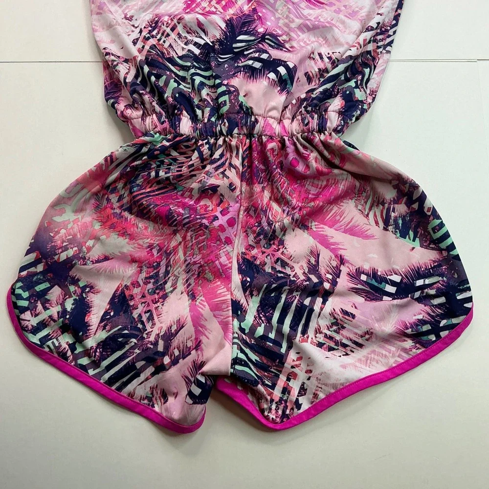 Athletic Works Pink Tropical Romper Kids Sz L 10-12 Crisscross Back AWG29S200BH